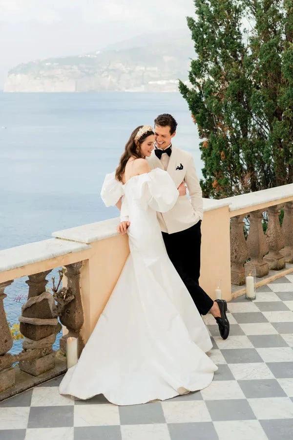 Satin Mermaid Off Shoulder Puff Sleeves Wedding Dress (ZD16071)