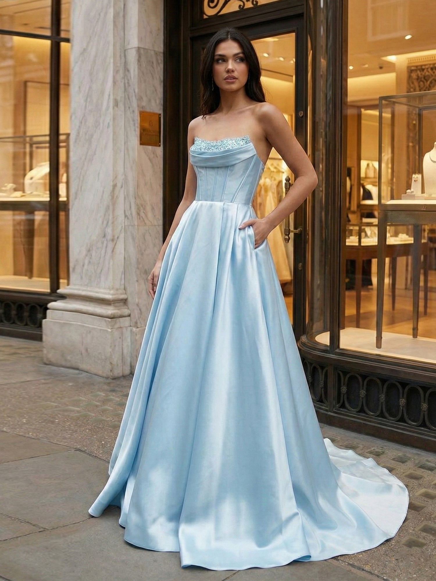 Satin A-Line Beaded Corset Long Prom Dress with High Slit