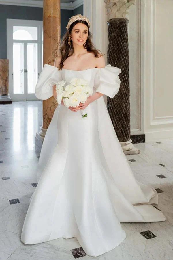 Satin Mermaid Off Shoulder Puff Sleeves Wedding Dress (ZD16071)