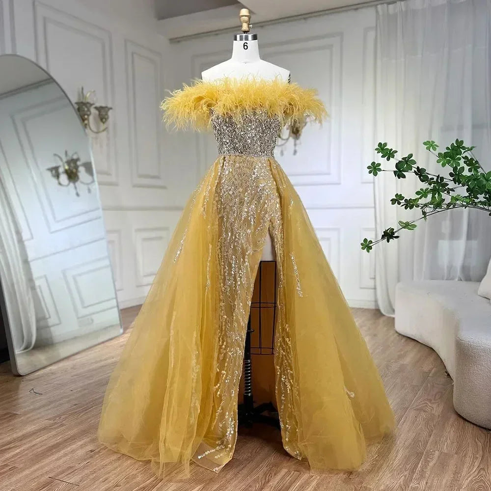 Zapdress Yellow Feathers Beaded Mermaid Evening Dresses with Overskirt Side Slit Party Gowns for Women DLA72061 Customized (ZD17213)