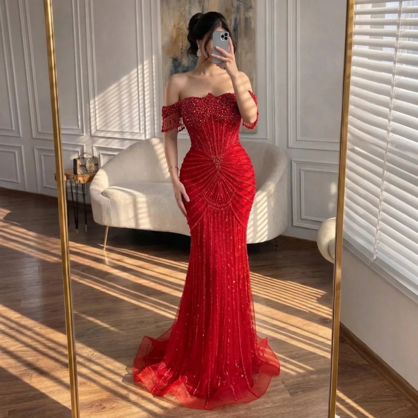 Zapdress Red Mermaid Beaded Pearl Off-Shoulder Evening Gown 2026 High End Couture Party Dress for Women Customized DLA73148A (ZD17309)