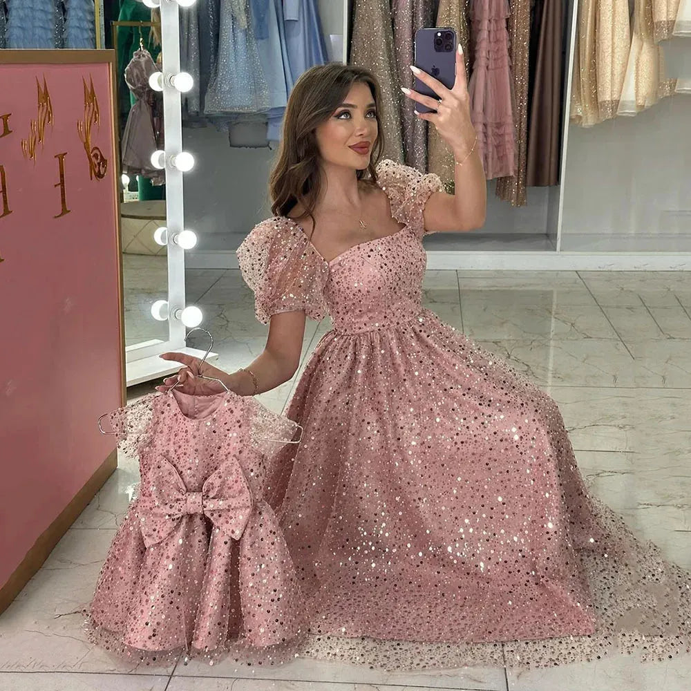 Pink Sequins Shiny Prom Dress Short Sleeves Special Occasion Gowns Prom Dresses Mother And Child Party Dress As Picture