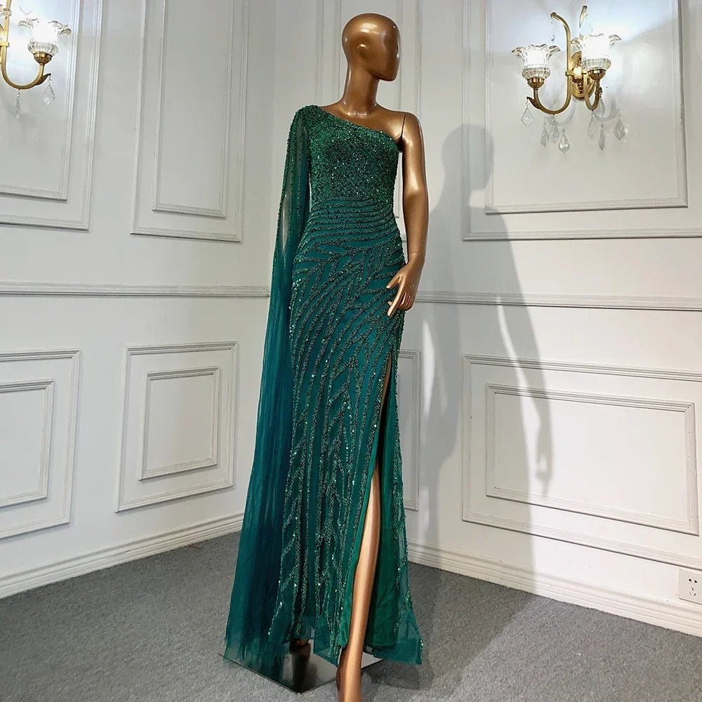 Zapdress Customized Gold Mermaid Beaded One Shoulder Cape Sleeve Evening Dresses Split Elegant Party Gowns For Women (ZD17236) - View 7 | VelvetHem