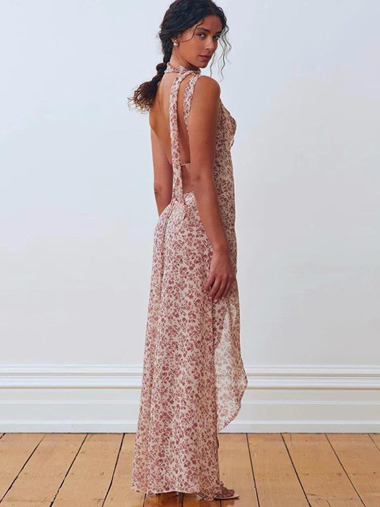 Chiffon Lace Up Slit Floral Dress - View 4 | VelvetHem