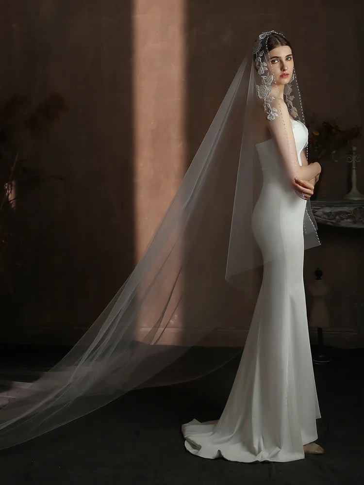 Long Pearl Bridal Veil Flower Lace Wedding Veils For Evening Dinner Party Dress Women Girl Gift Hair Accessories Brides Jewelry