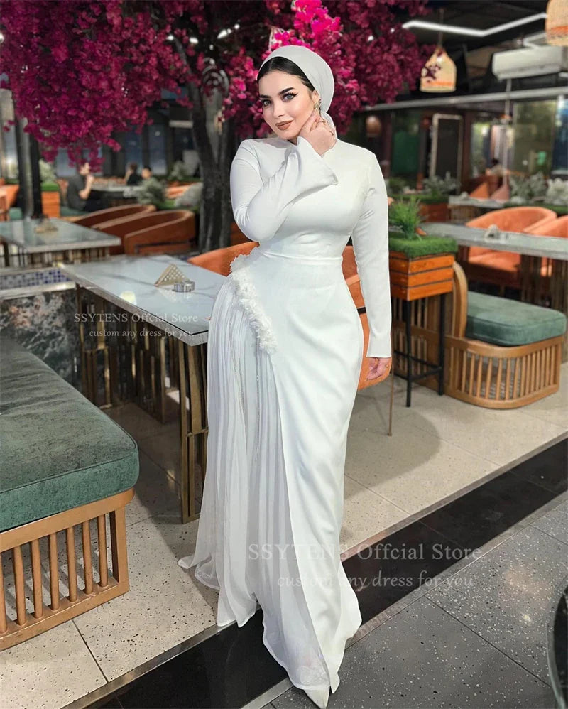 Elegant White Long Wedding Evening Dresses Muslim Long Sleeves Dubai Guest Party Dresses Customized Saudi Bridal Prom Gowns