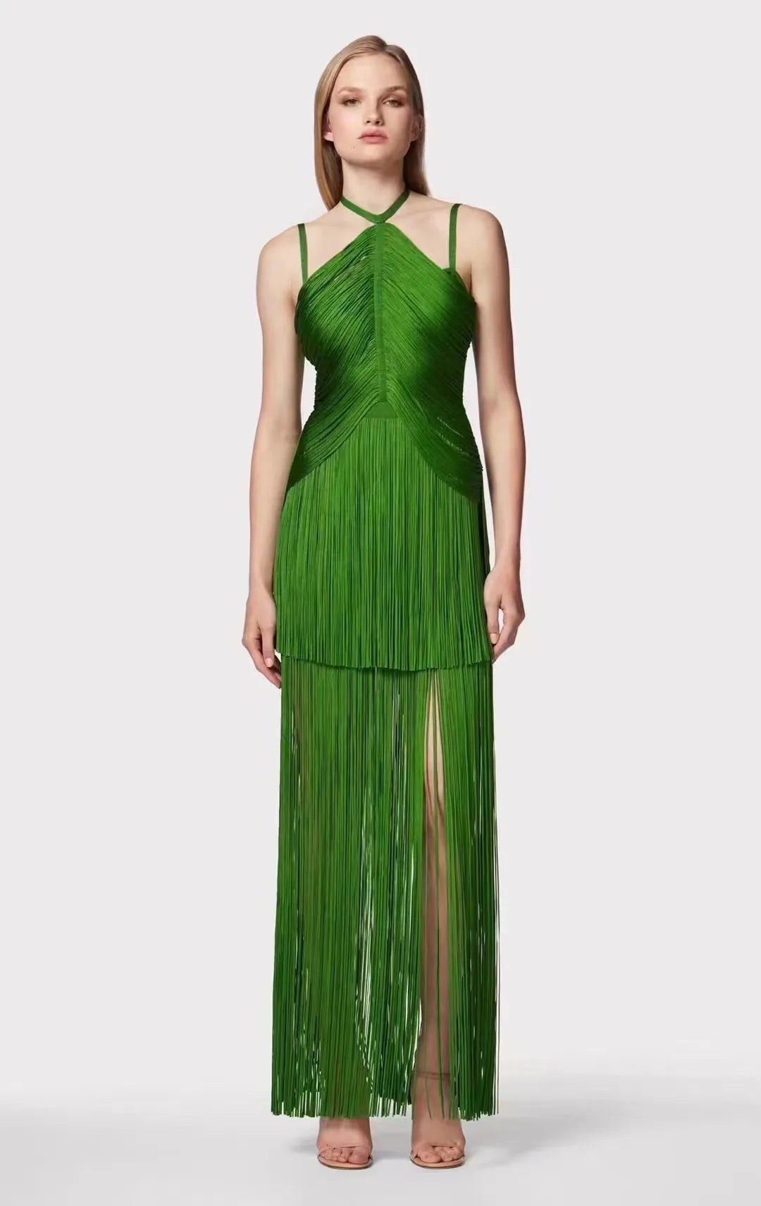 Black Green Women Sleeveless Sexy Strap V-Neck Bodycon Long Tassels Bandage Dress Celebrate Fashion Red Carpet Evening Dress green
