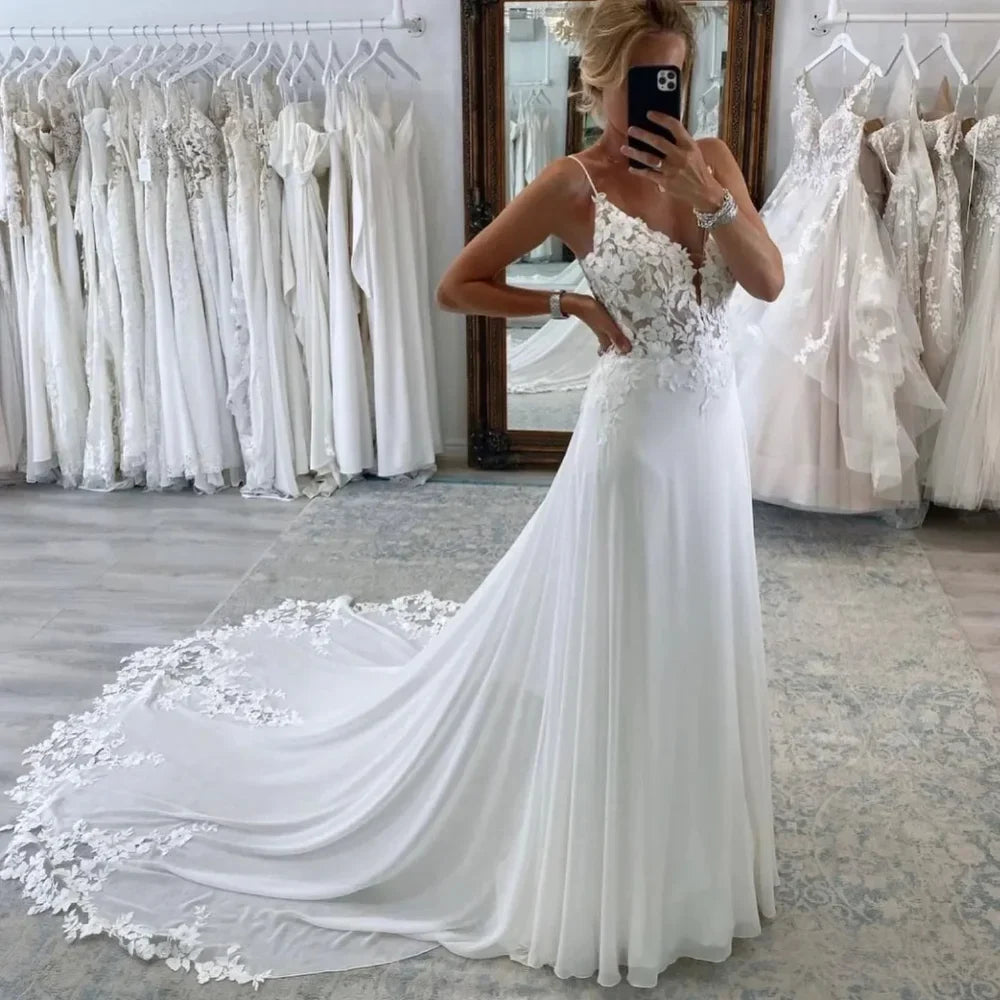 Beach Chiffon Wedding Dress Backless V-Neck Spaghetti Straps A-Line Bridal Gown with Lace Appliqu�s - View 2 | VelvetHem