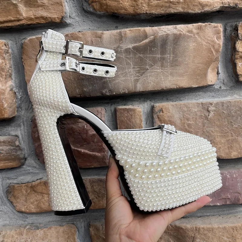 Luxury Handmade Full Pearls Beaded Ankle Strap Women Pumps Fashion Metal Buckle Platform Wedges High heels Party Wedding Shoes