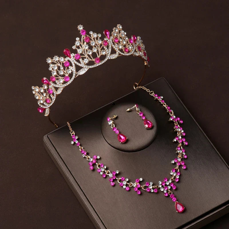 Luxury Silver Color Crystal Water Drop Bridal Jewelry Sets Rhinestone Tiaras Crown Necklace Earrings Wedding Dubai Jewelry Set TS-0017-L-XL-0018-I Tiaras