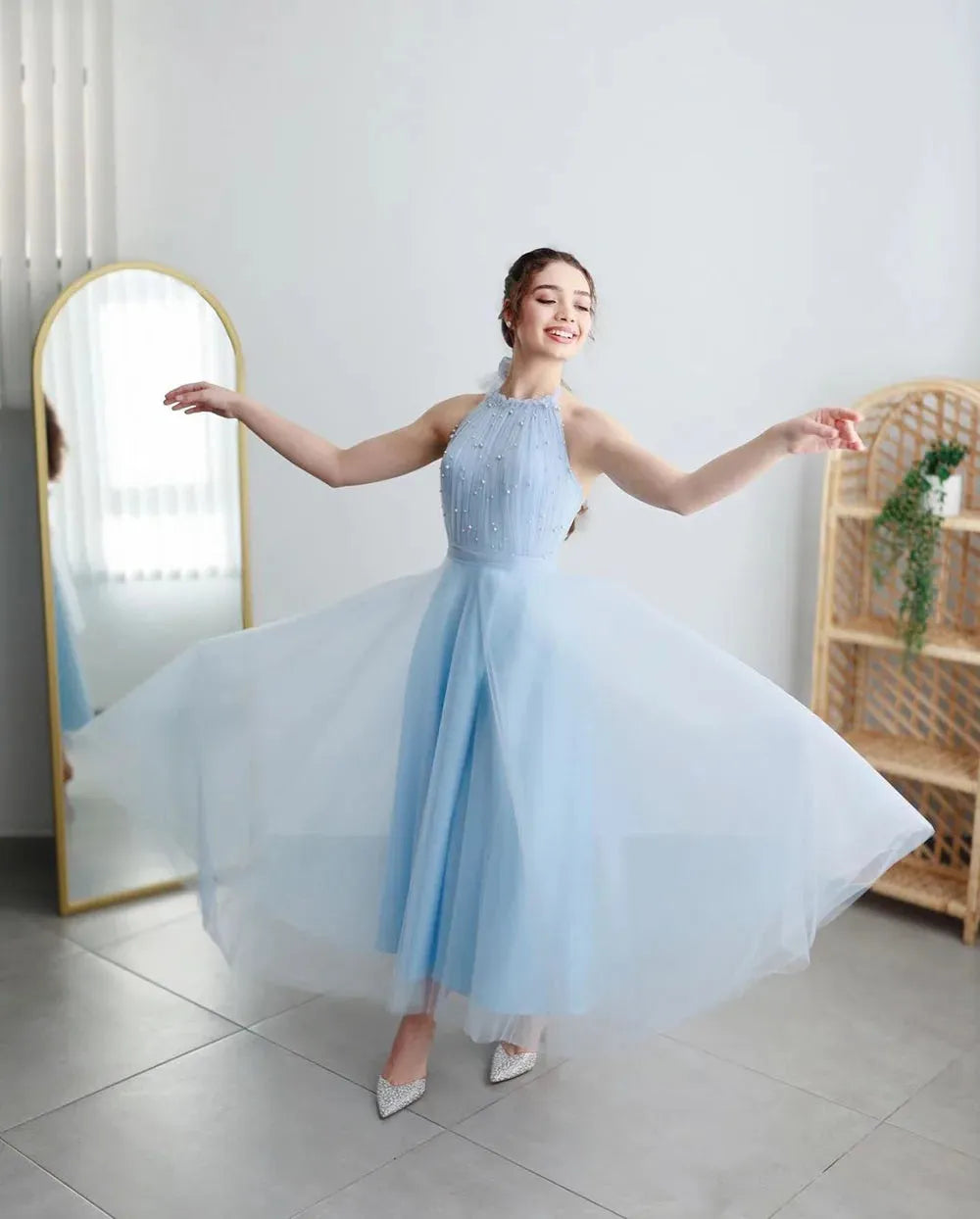 Blue Short Evening Dress Backless Tulle Pearls A-Line Prom Gowns Ankle Length Prom Dresses Graduation Party Gown
