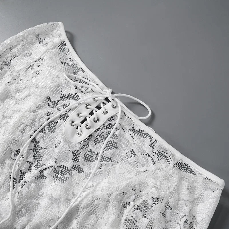 Long Sleeve Streetwear White Lace Dress For Women Slash Neck Outfits See Through Fashions Vestidos Elegantes Para Mujer Ruffles