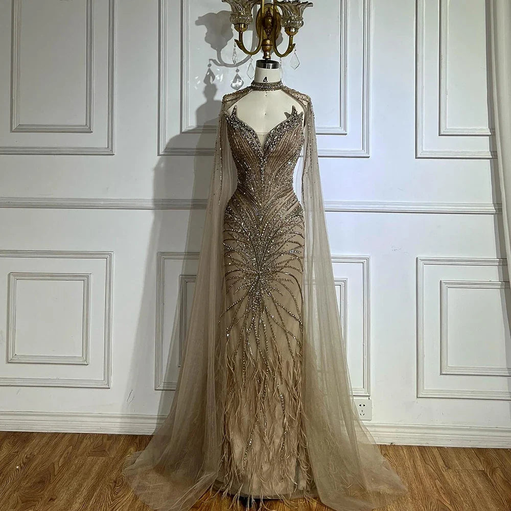 Zapdress White Nude Mermaid Evening Dresses with Cape Beaded Feathers Party Gowns for Formal Occasion Customized (ZD17198)