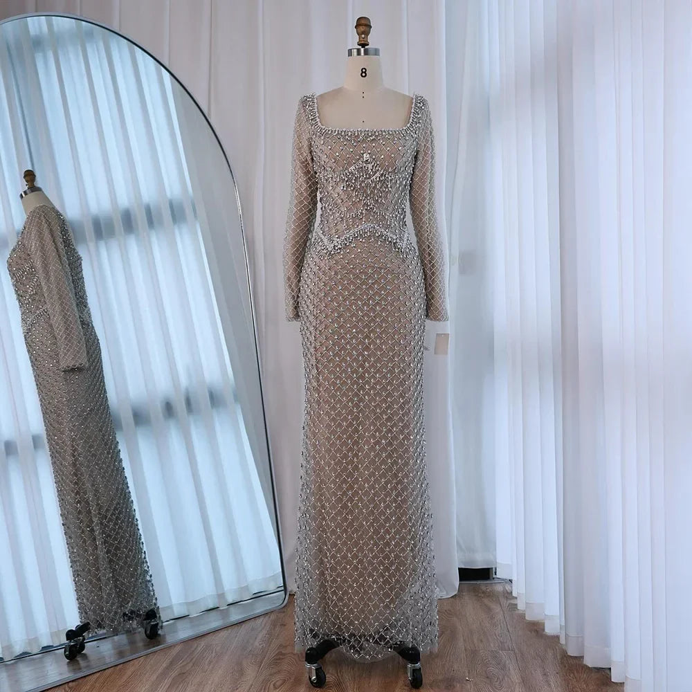Elegant Beaded Pearl Mermaid Evening Dress with Long Sleeves for Wedding Occasion Zapdress 2025 Customized DLA72919A (ZD17238)