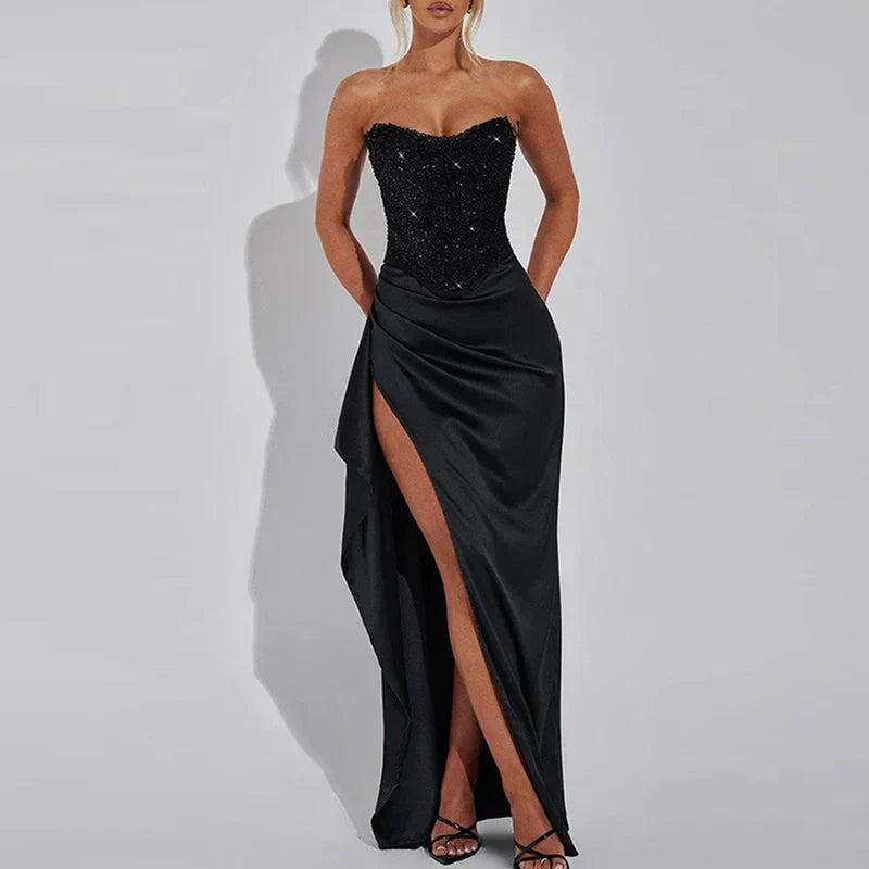 Sequin Strapless High Slit Maxi Party Dress - View 6 | VelvetHem