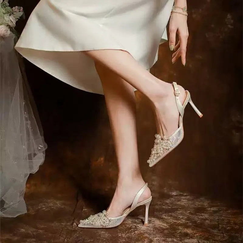 Luxury Pearls Rhinestones Satin Air Mesh Women Pumps Summer Elegant Pointed toe Slingbacks Thin High heels Wedding Party Shoes
