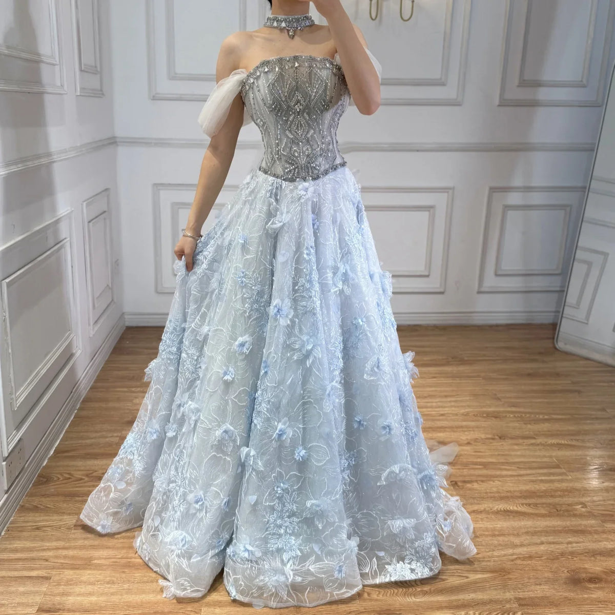 Zapdress Blue A-Line Evening Dress Beaded 3D Floral Appliques Off Shoulder for Women Wedding Party 2026 Customized (ZD17387)