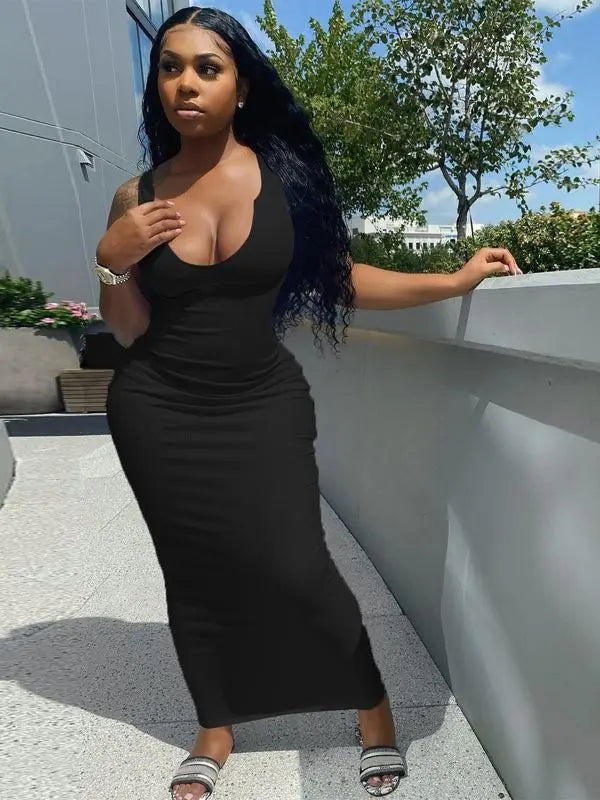 Ribbed Stripe Sleeveless V-neck Midi Dress - View 6 | VelvetHem
