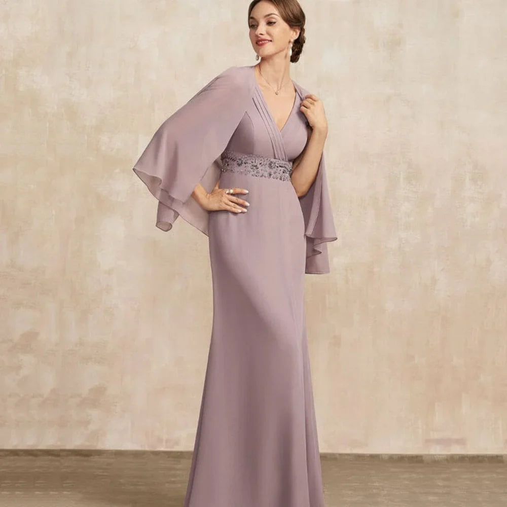 Mother Of The Bride Dress - V Neck Customized Mother Dress Chiffon Elegant Mermaid Long Sleeves Bridal Party Gowns Crystal Formal Occasion Bridal Dresses