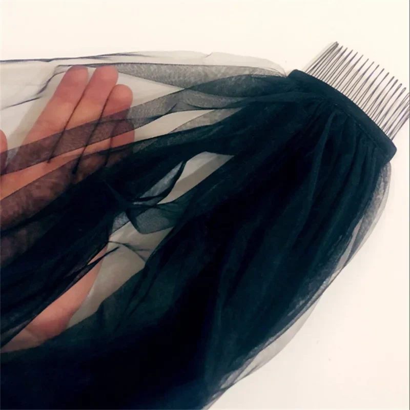 Simple Black 1 Layer Chapel Length Bridal Veil Cut Edge with Metal Comb Soft Tulle