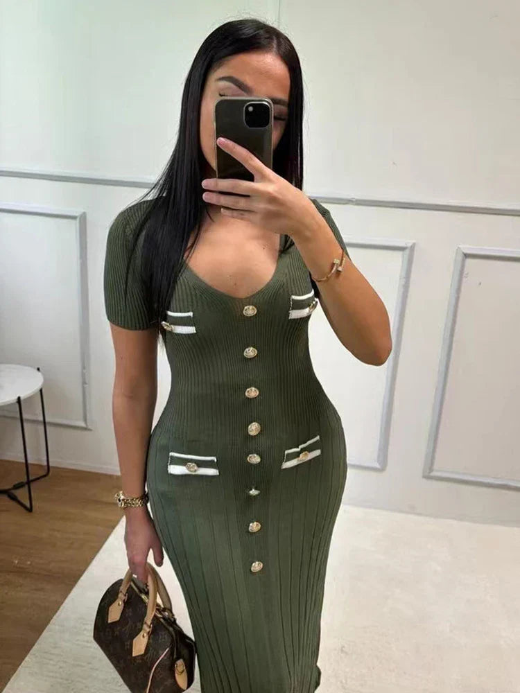 V-Neck Knitted Short Sleeve Button Work Dress