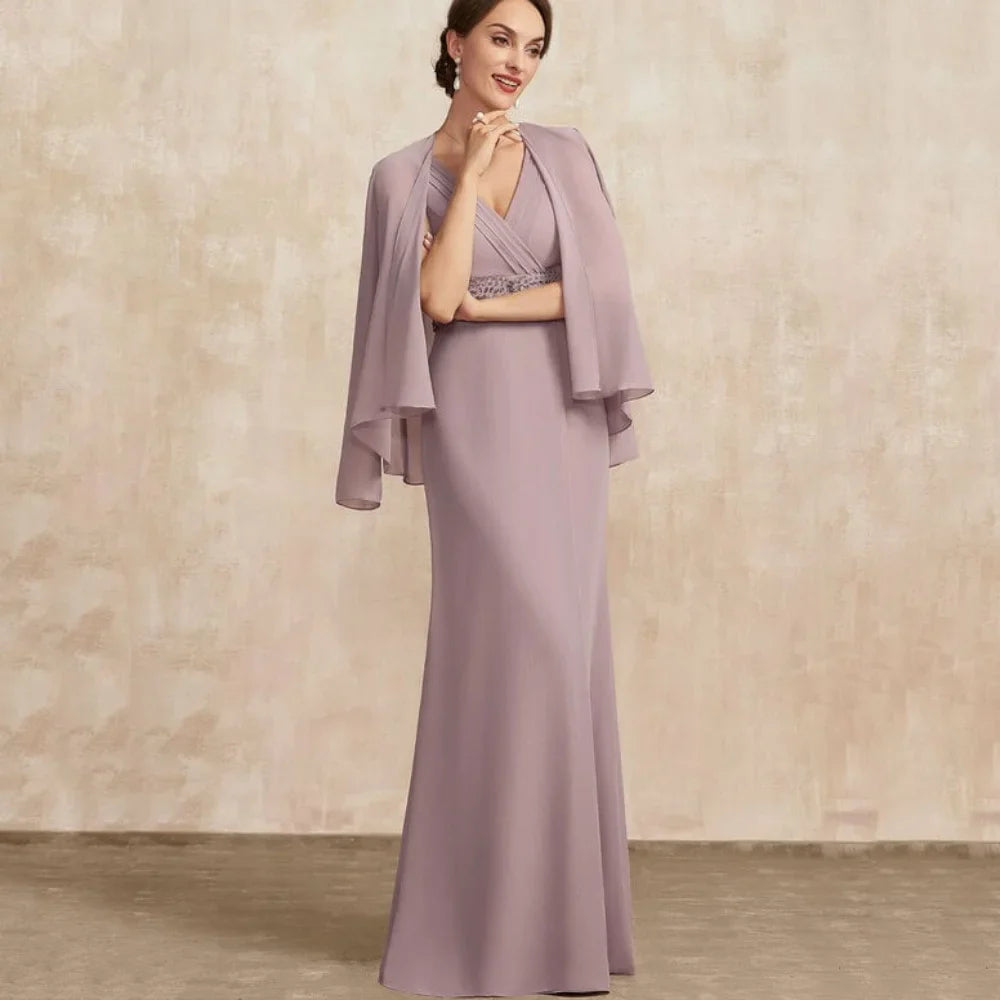 Mother Of The Bride Dress - V Neck Customized Mother Dress Chiffon Elegant Mermaid Long Sleeves Bridal Party Gowns Crystal Formal Occasion Bridal Dresses