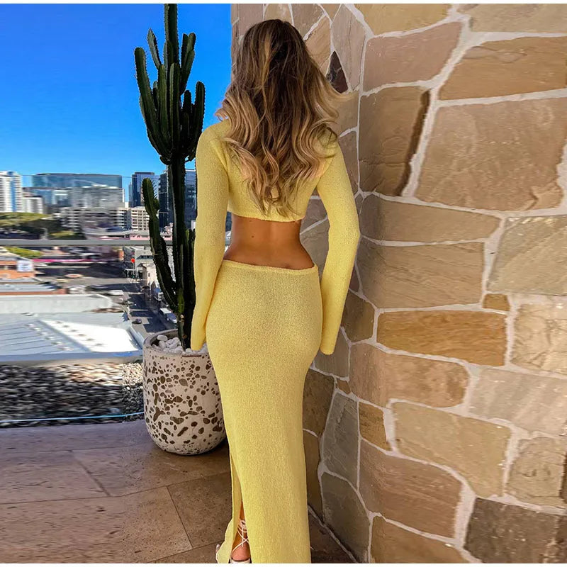 Knitted Hollow Out Solid O - neck Slit Maxi Dress