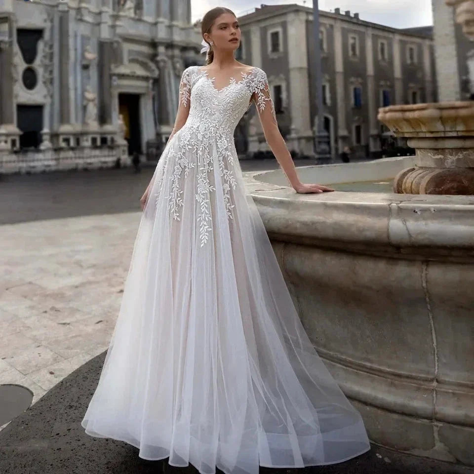 New Simple Wedding Dress V-Neck Vestidos De Novia Appliques Long Sleeves Vestido De Noiva Lace Robe De Mariée (ZD14058)