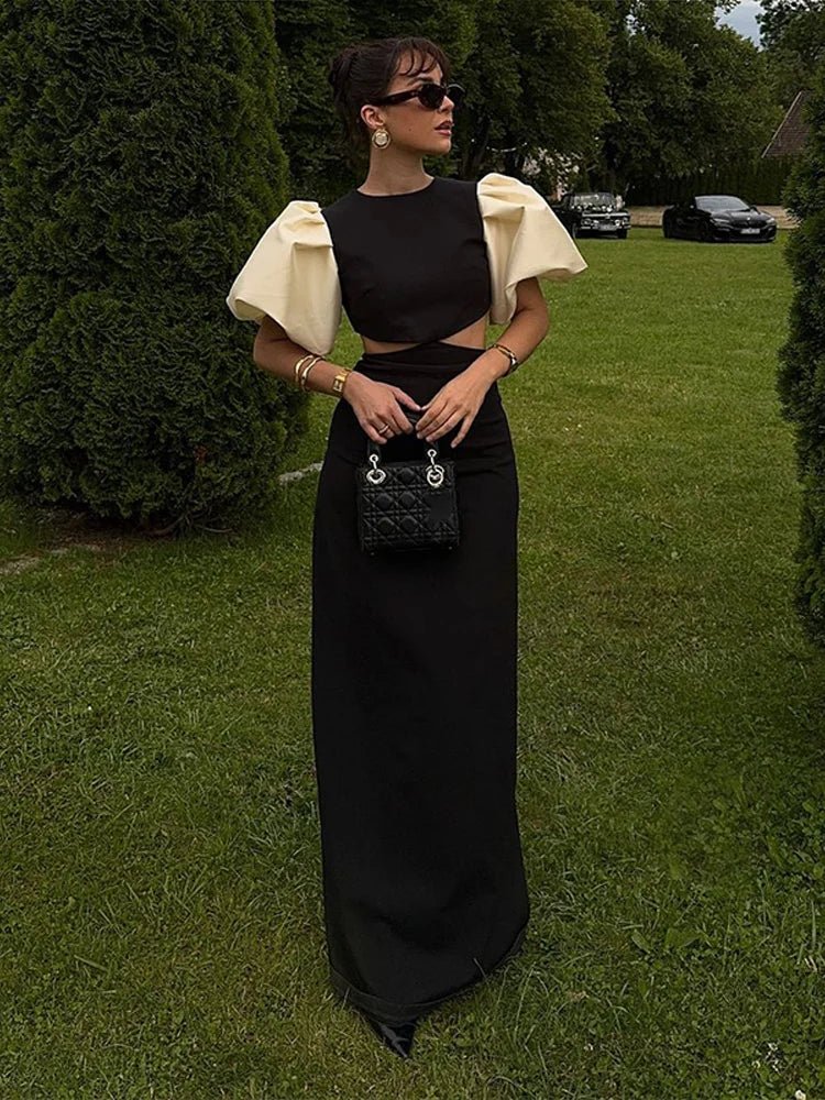 Patchwork Puff Sleeve Hollow Out Long Dress