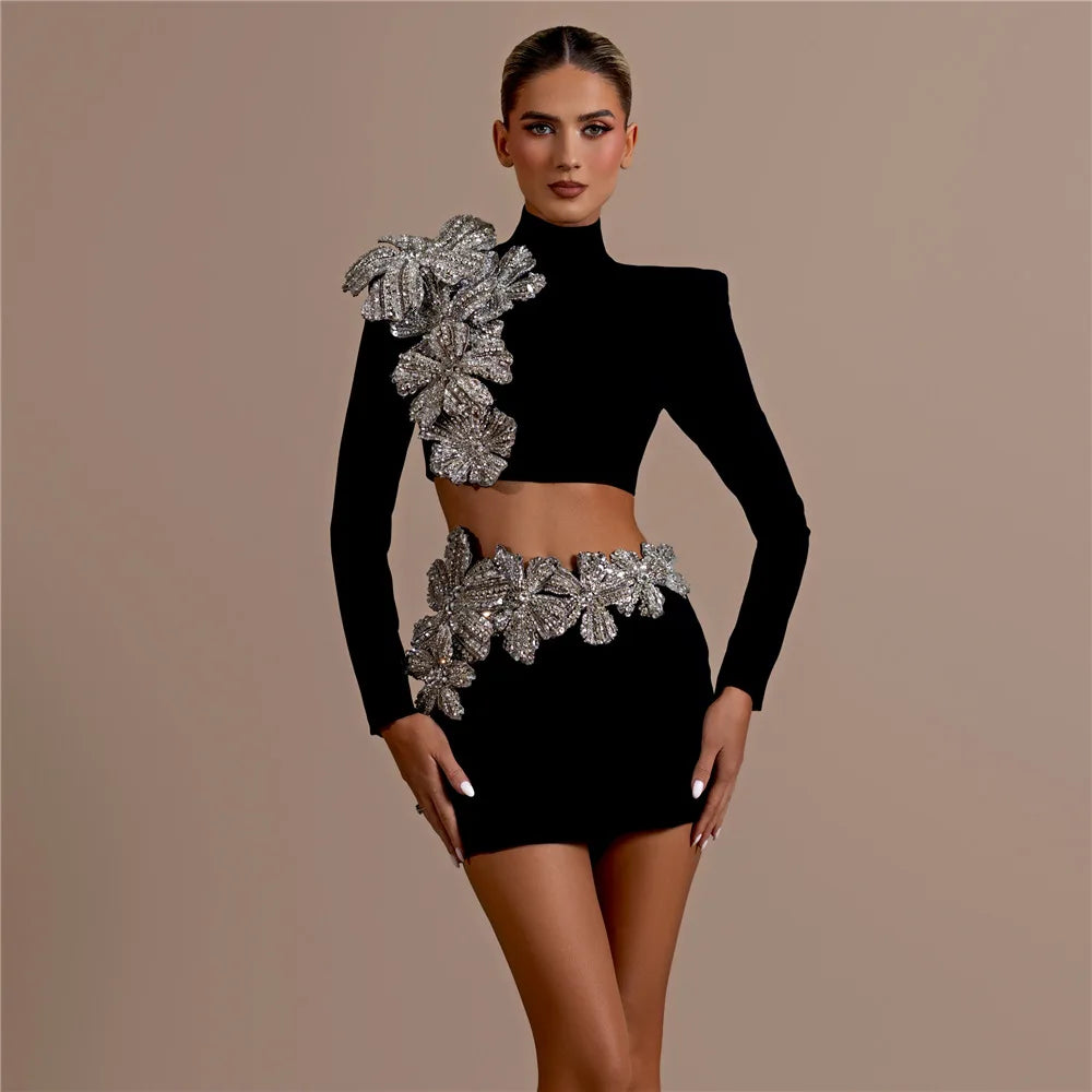 Black Red Women Long Sleeve Diamond Florals 2 Pieces Bodycon Long Bandage Dress Celebrate Evening Party Christmas Dress