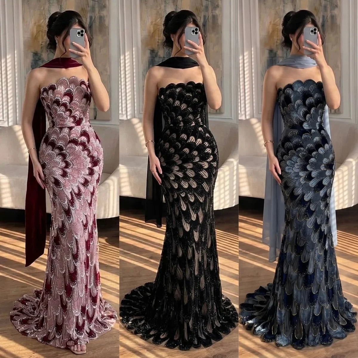 Zapdress 2026 Black Strapless Mermaid Evening Dress with Scarf Elegant Formal Party Gowns for Women DLA73607 Customizedf (ZD17227)