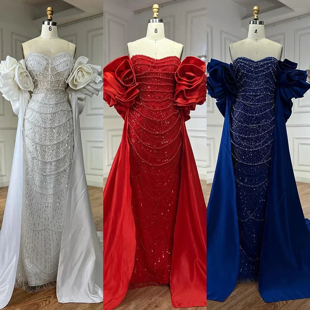 Zapdress Red Strapless Mermaid Pearls Beaded Evening Dresses with Long Cape Wedding Party Gowns 2025 DLA72585A Customized (ZD17356)