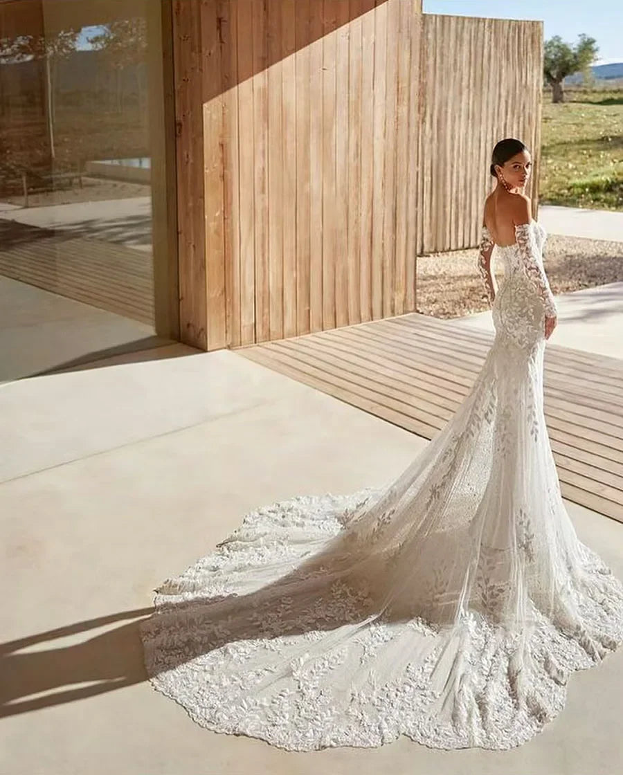 Elegant Lace Appliques Mermaid Wedding Dresses for Bridal 2026 Detachable Long Sleeves Sweetheart - View 4 | FashionDia