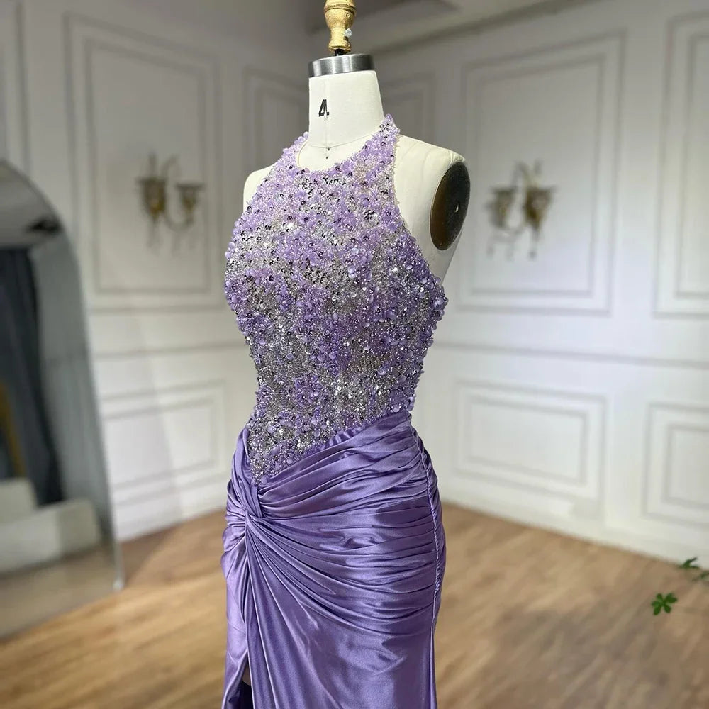 Zapdress Customized 2025 Lilac Halter Side Slit Mermaid Evening Gown Wedding Party Bridesmaid Dress for Women (ZD17315)