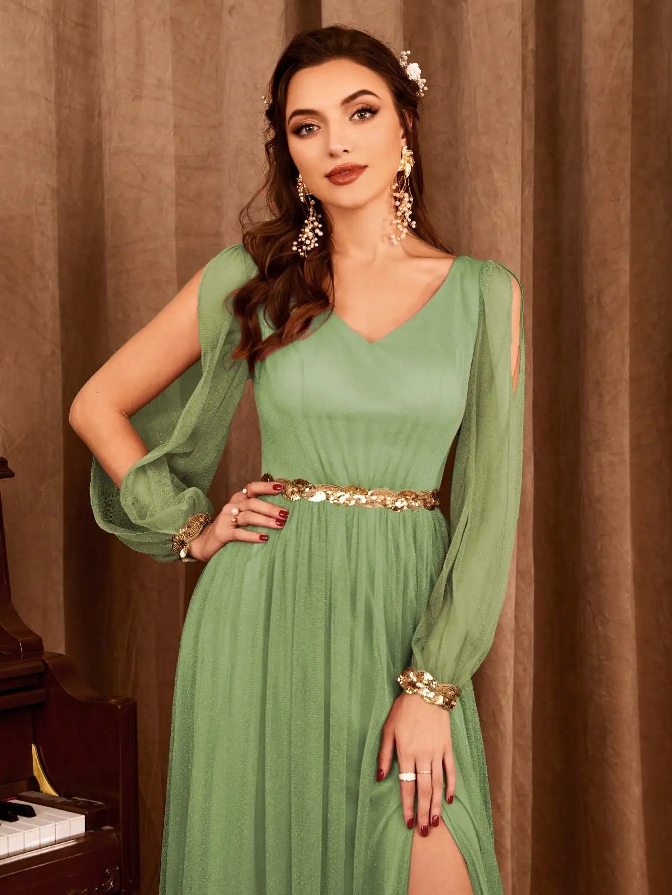 Gauze Applique Slit V-neck Maxi Dress