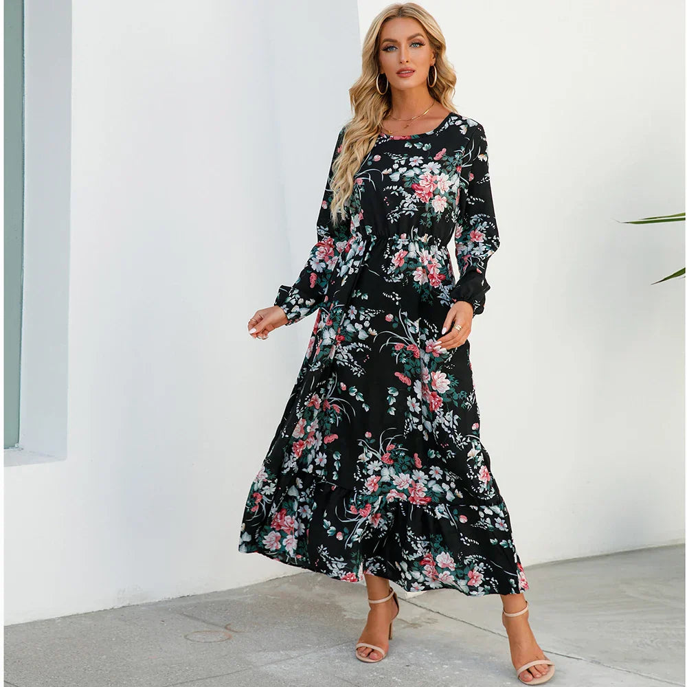 Natasha Effortless Women's Bohemian Floral Chiffon Maxi Dress with Long Sleeves Elevated Occasion Wear