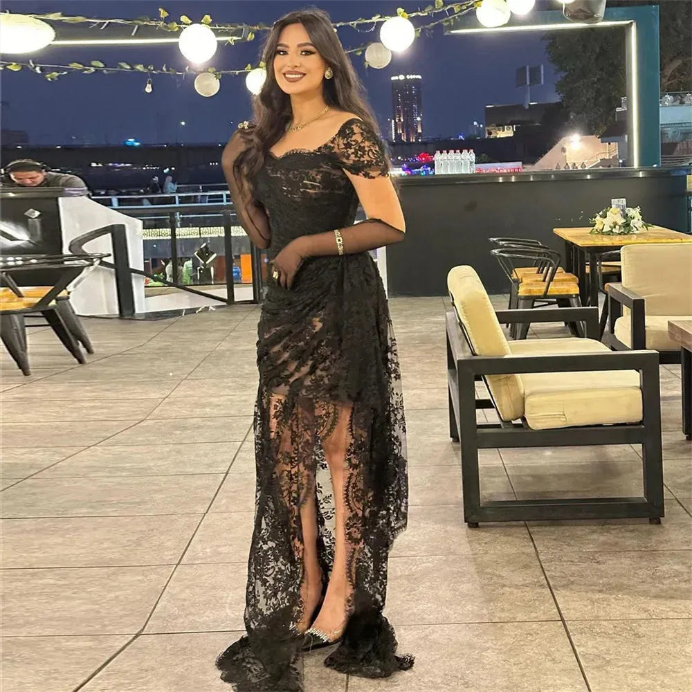 Modern Black Lace Prom Dress Mermaid Square Collar Pleated Floor Length High Slit Evening Dress vestido de gala Black