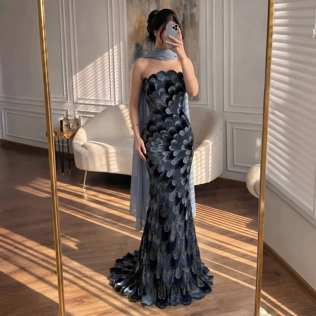 Zapdress 2026 Black Strapless Mermaid Evening Dress with Scarf Elegant Formal Party Gowns for Women DLA73607 Customizedf (ZD17227)