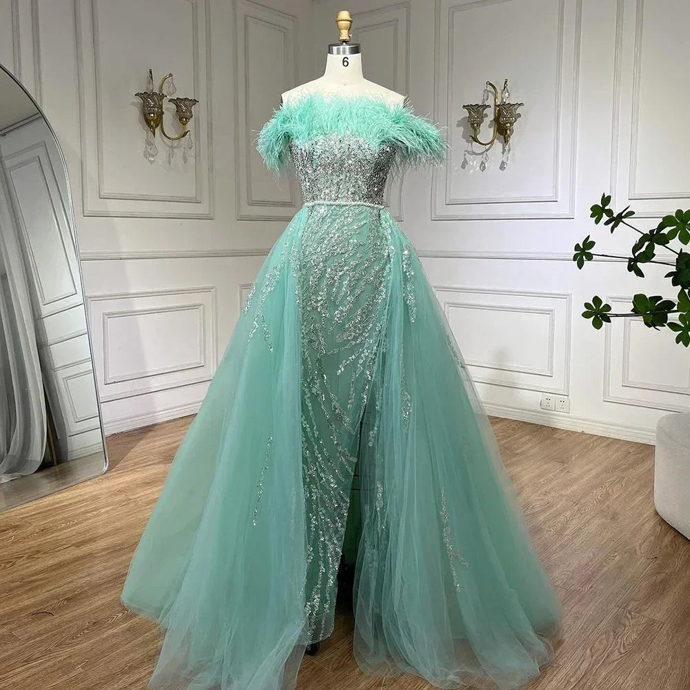 Zapdress Yellow Feathers Beaded Mermaid Evening Dresses with Overskirt Side Slit Party Gowns for Women DLA72061 Customized (ZD17213)