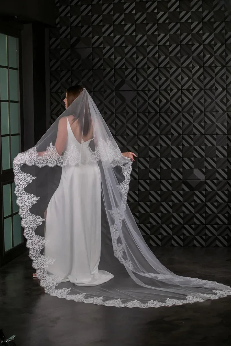Chapel / Cathedral Wedding Veil Lace Trim Bridal Veil 2 Tires Tulle Long Veil Metal Comb