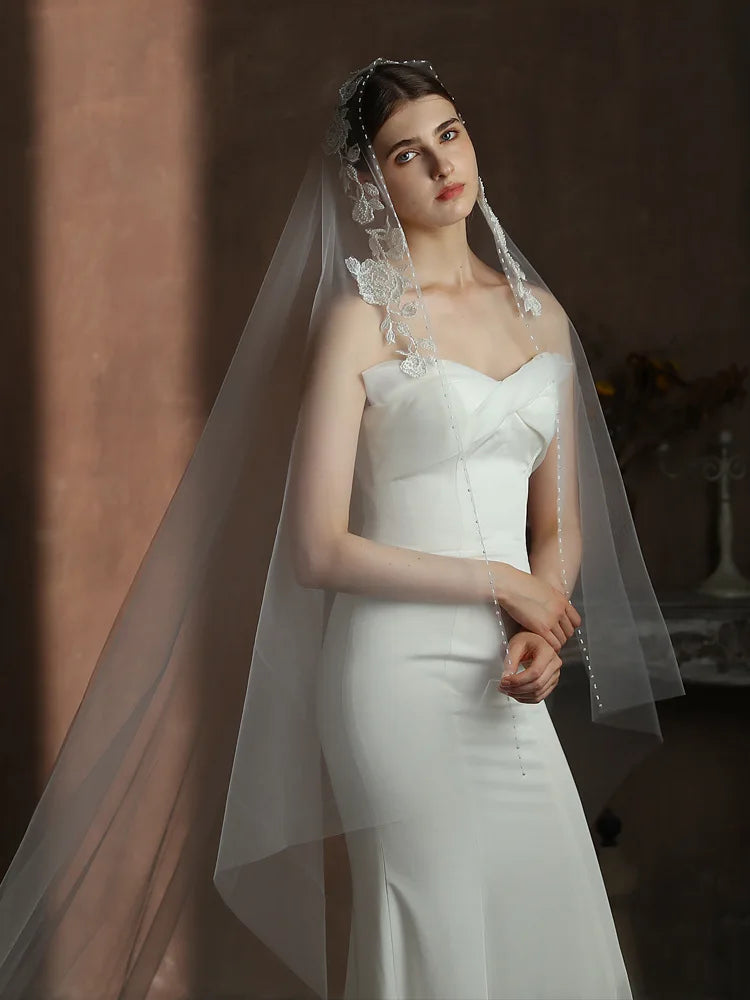 Long Pearl Bridal Veil Flower Lace Wedding Veils For Evening Dinner Party Dress Women Girl Gift Hair Accessories Brides Jewelry a