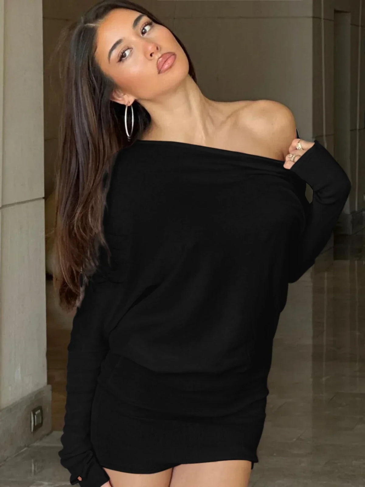 Oblique Shoulder Long Sleeve Mini Dress - View 5 | VelvetHem