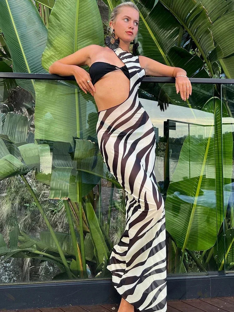 Striped Hollow Out Mesh Maxi Dress - View 5 | VelvetHem