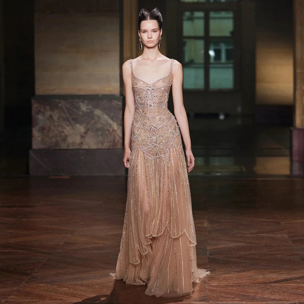 Champagne Beaded Mermaid Evening Dress Luxury Saudi Wedding Gown Customized (ZD17070)