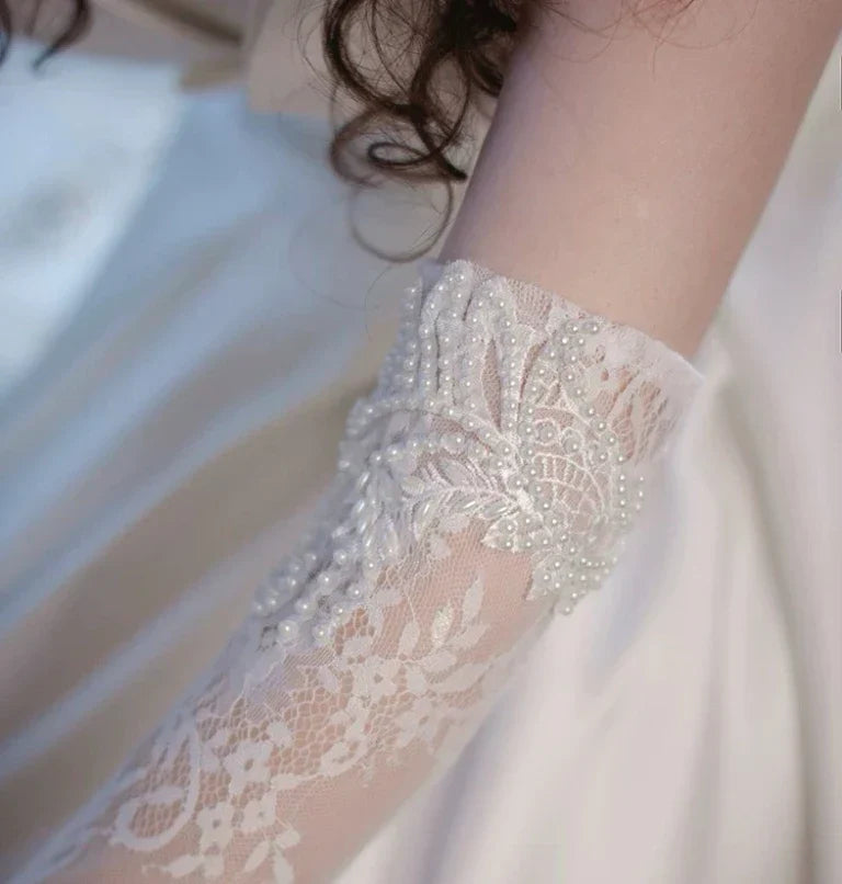 Lace Long Bridal Gloves Flower Wristband Pearl Wedding Glove For Women Girl Party Evening Dress Jewelry Brides Accessories