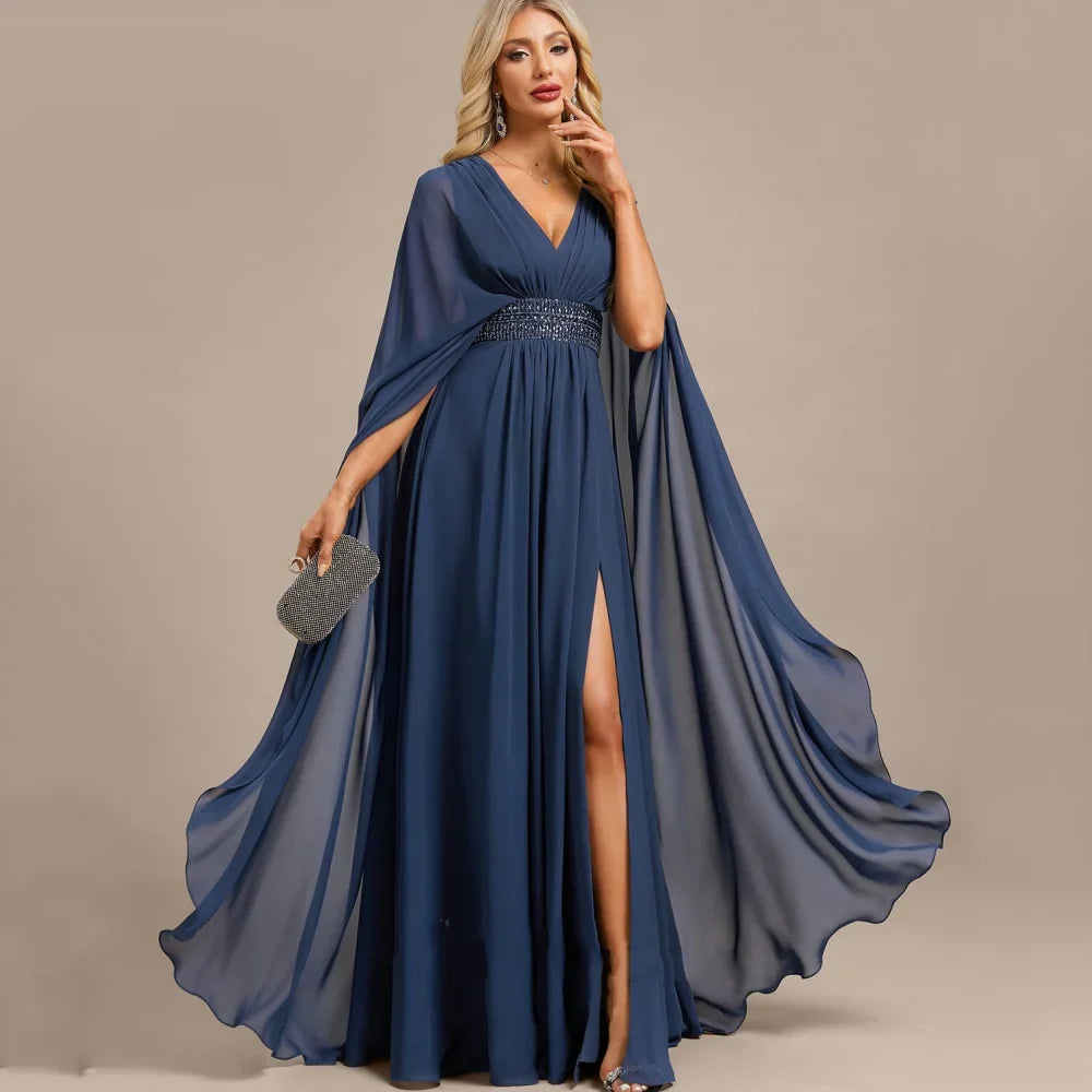 Elegant Chiffon Bridal Dress Split Customized A Line V Neck Wedding Party Gowns Formal Floor Length Mother Dresses For Bride as picture