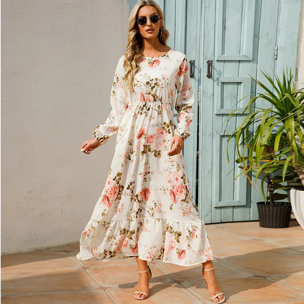 Natasha Effortless Women's Bohemian Floral Chiffon Maxi Dress with Long Sleeves Elevated Occasion Wear