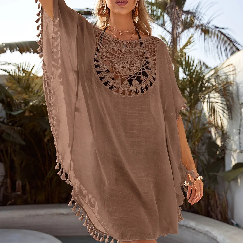 Off Shoulder Tassel Beach Smock Cover Up