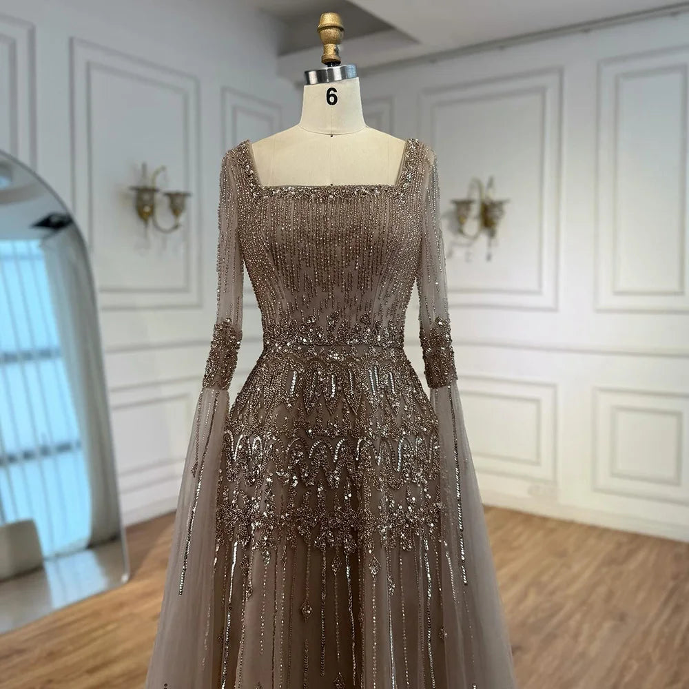 Zapdress 2026 Customized Caramel Beaded A-Line Evening Dress with Cape Sleeves Formal Party Gowns for Women (ZD17259)