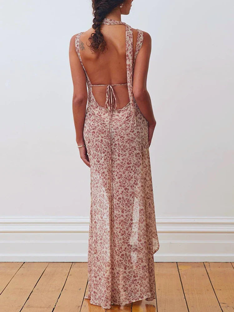 Chiffon Lace Up Slit Floral Dress - View 2 | VelvetHem